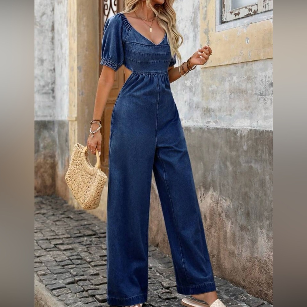 SHEIN Dark Blue Wide Leg Denim Jumpsuit M - Picture 5 of 7